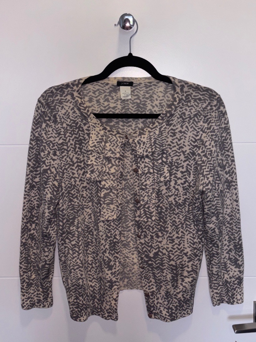 J.Crew Gray Ivory Animal Print Ruffle Merino Wool Cardigan Size M